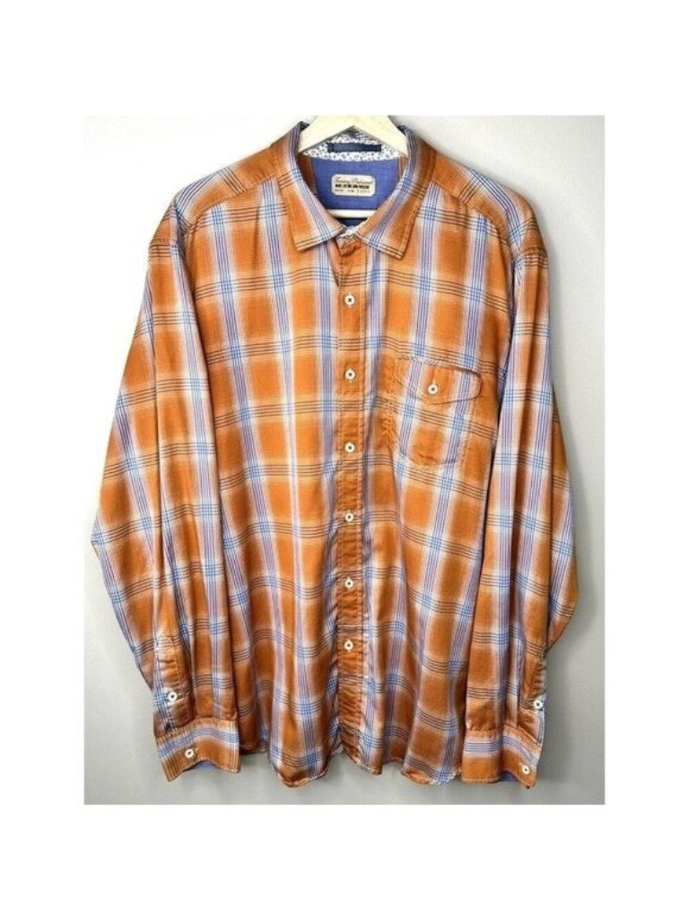 Tommy Bahama Mens XL Plaid Tencel Cotton Button Up Shirt Orange Blue Casual
